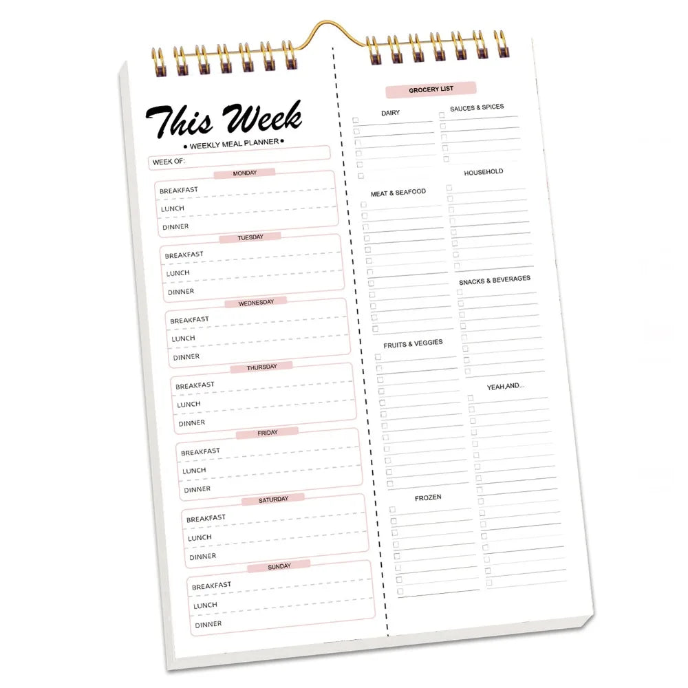 52 Sheets Meal Planning Pad Reusable Spiral Bound Weekly Meal Planner Wall-Mounted Tear-Off Design Schedule Management Book