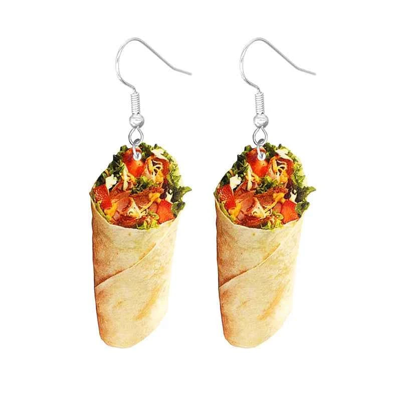 Food Earring 2D Handmade Cute Interesting Taco Corn Crunchy Burger Biscuits French Fries Ice Cream Cheese Cute