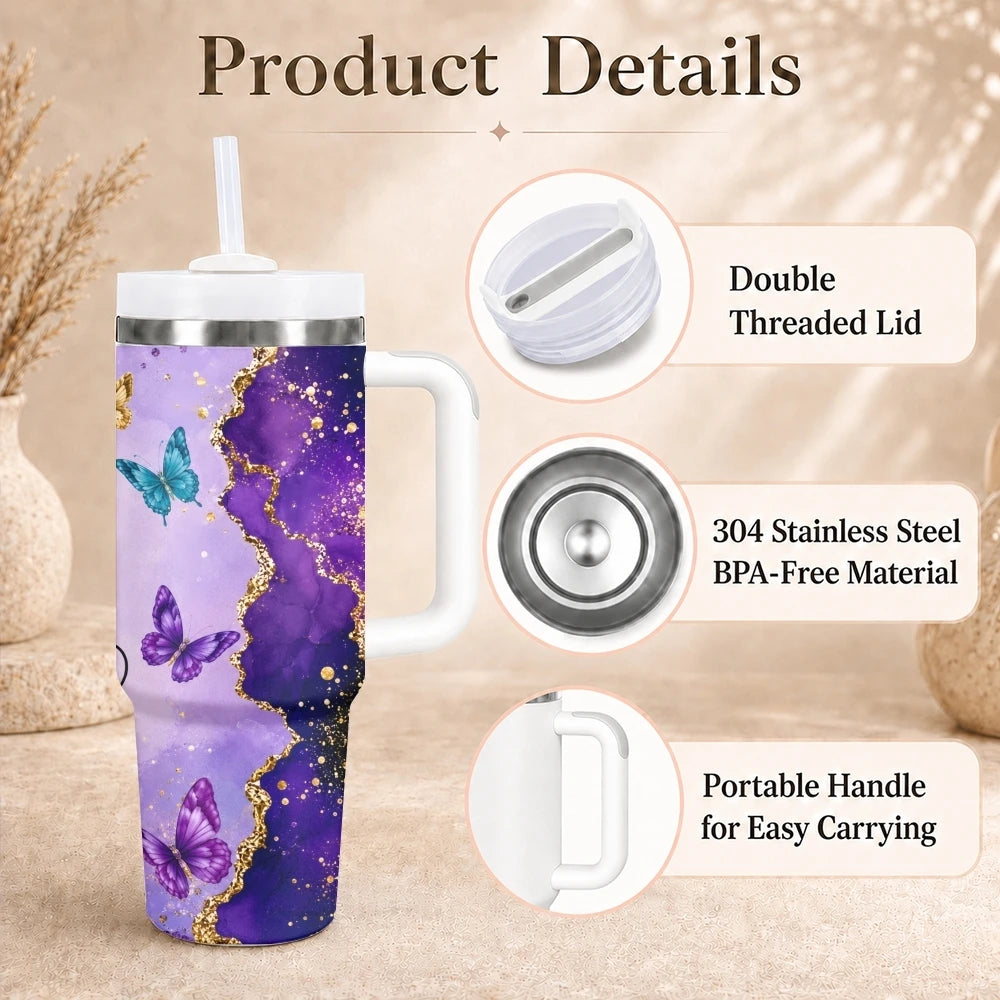 40oz Purple & Gold Glitter Tumbler – Insulated Stainless Steel Travel Mug