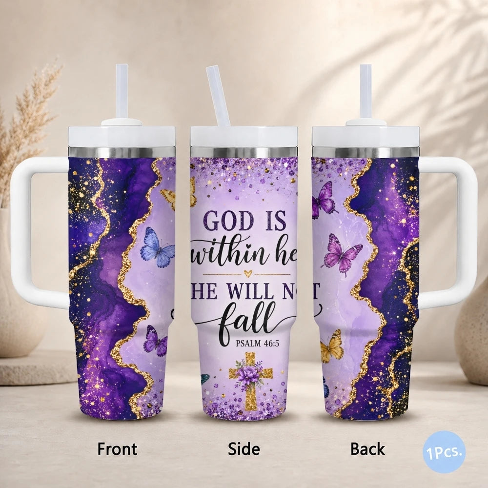 40oz Purple & Gold Glitter Tumbler – Insulated Stainless Steel Travel Mug