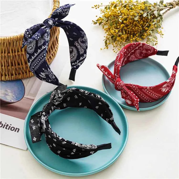Fashion Paisley Bandana Headband for Women Top Knotted Bow Hairbands Cute Rabbit Ear Turban Headwrap Hair Band Girls Accessories