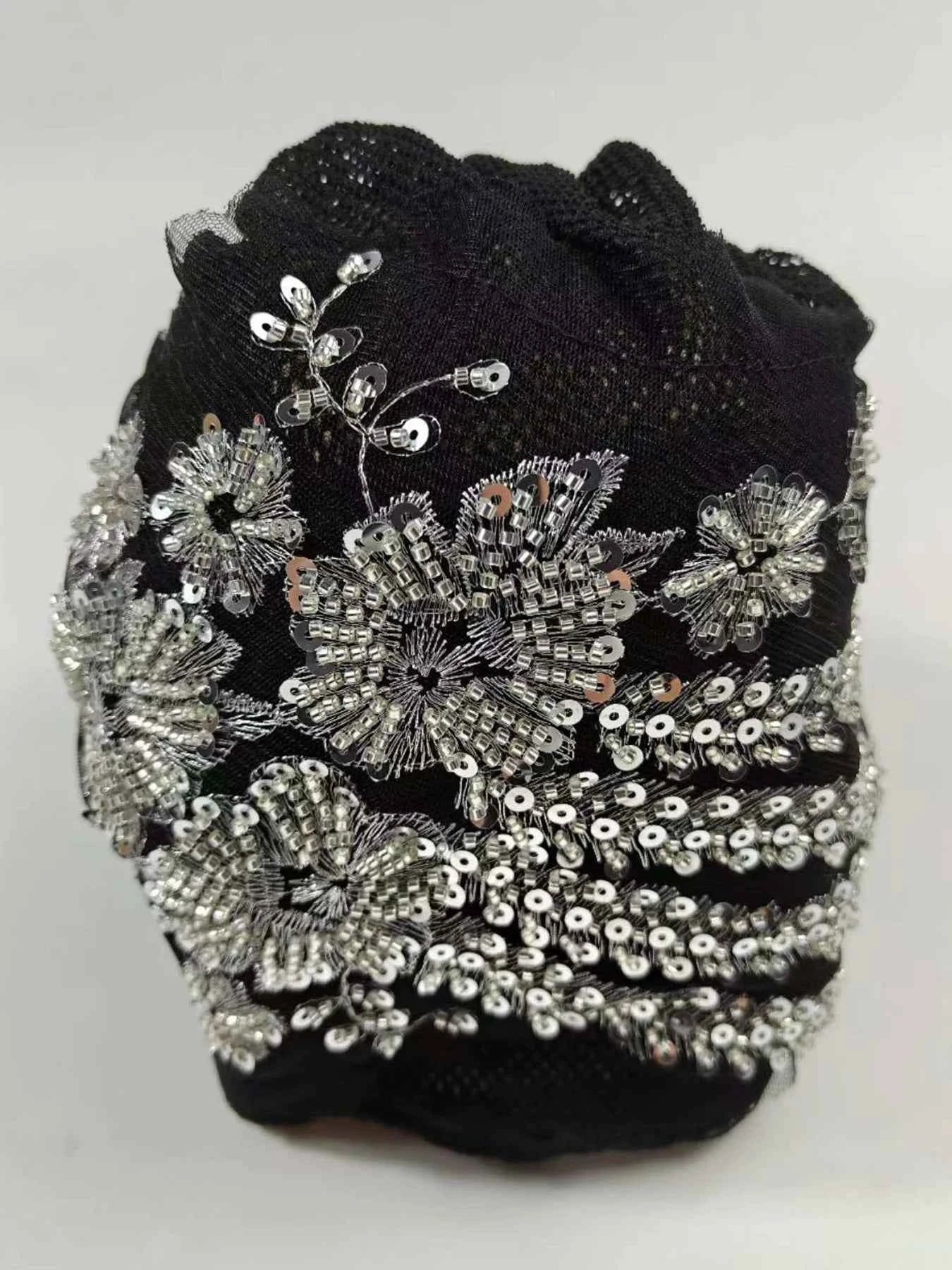 African Female Wrap Head Bonnet Muslim Turban Hat Lady Head Wraps Glitter Luminescence Beading Pleated Turban Cap for Women