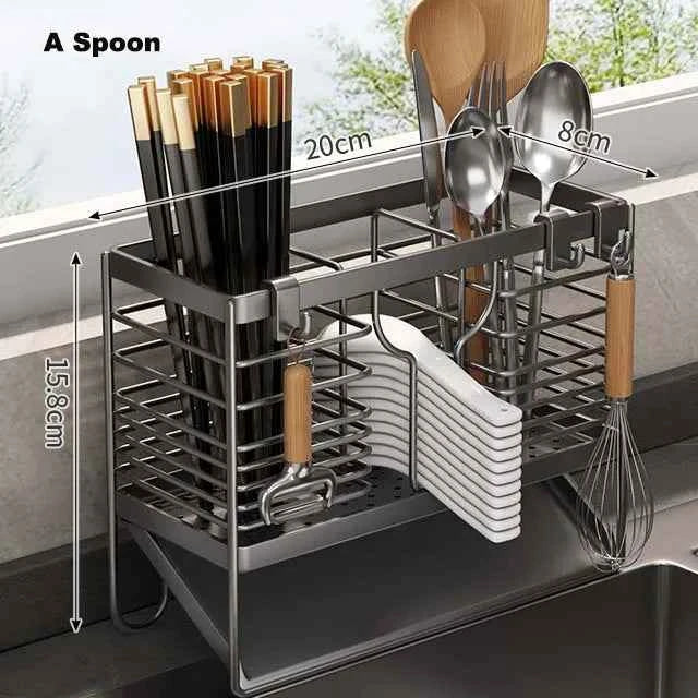 Cutlery Organizer Kitchen Storage Rack Wall Mounted Knife, Fork, Spoon Chopstick Rack with Drainage Tray Kitchen Utensil Cage