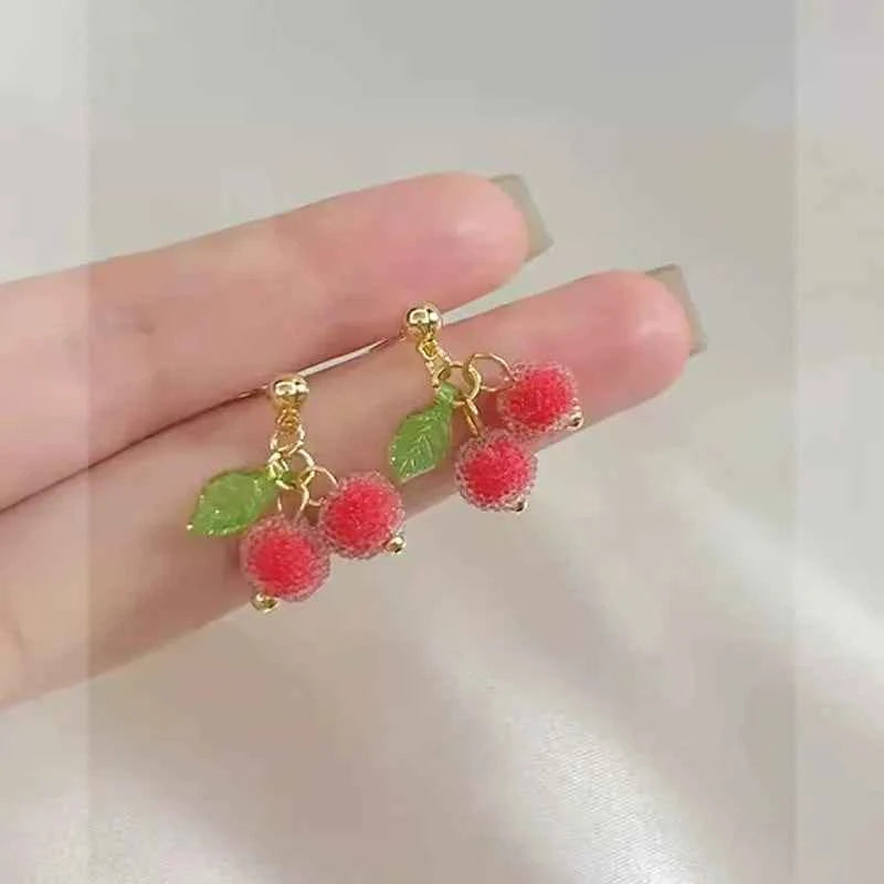 Non Pierced Ear Clips Japanese Green Grape Earrings Small Cute Transparent Fruit Cherry Clip on Earrings for Female Party Gifts