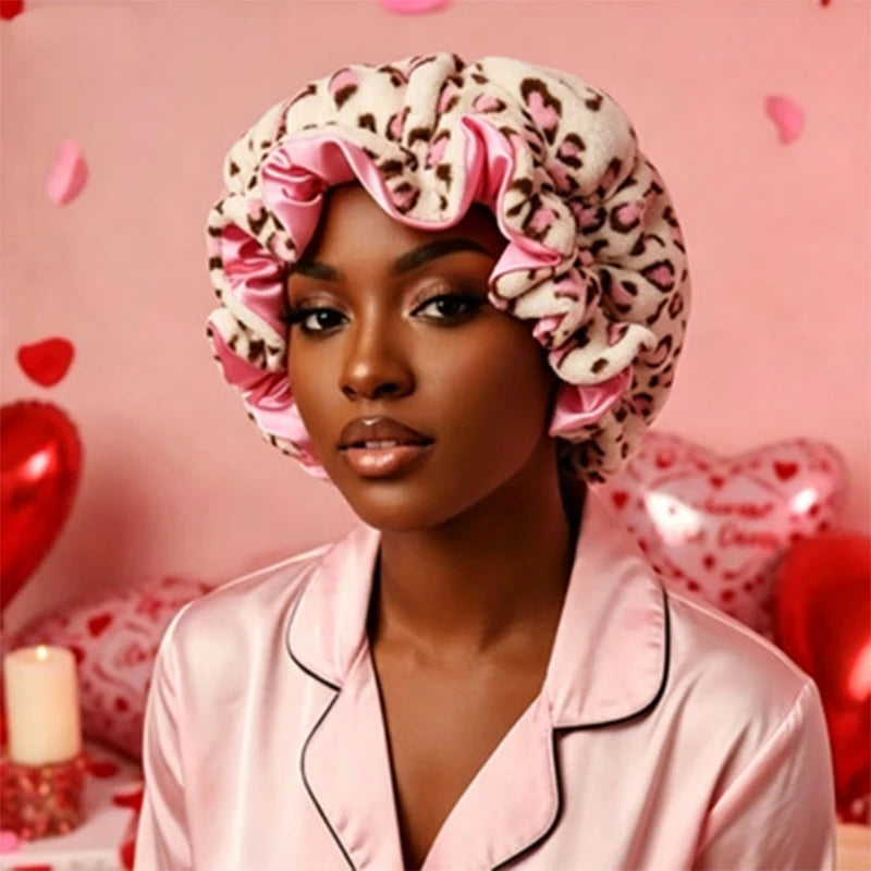 Unisex Leopard Plush Bow Sleep Bonnet Satin Lined Anti-Frizz Quick Dry Bath Cap Men Women Night Hair Protection Shower Head Wrap