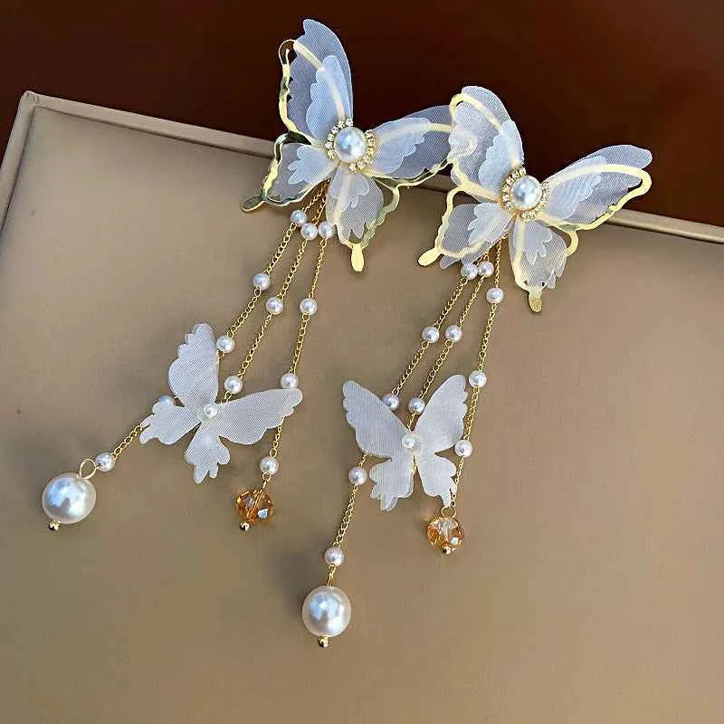 Luxury Flower Butterfly Long Tassel Drop Earrings for Women Exquisite Crystal Zircon Earrings Daily Accessories Party Jewelry