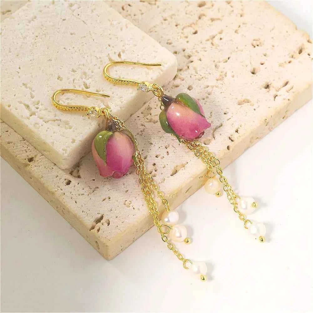 Natural Freshwater Pearl Drop Gel Flower Earrings Korean Style Women's Luxury Vintage Jewelry Fashion Ladies and Girls Gift