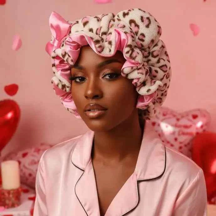 Quick Dry Cat Ear Hair Towel Leopard Print Hair Wrap with Bow for Bath Sleep Cap Satin Lining Frizz Control for Curly Hair