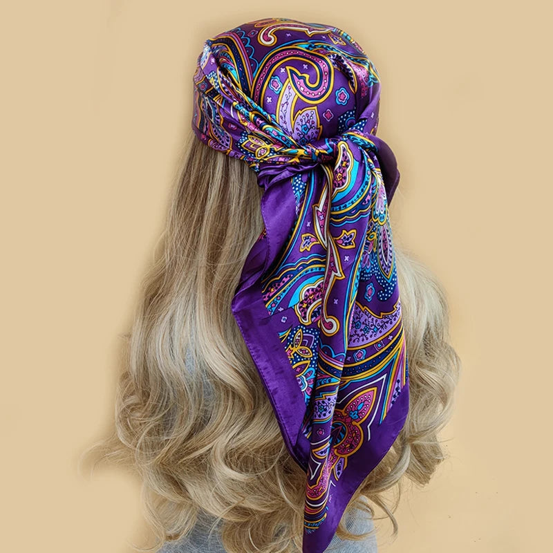 New 90*90cm Retro Brand Women Silk Scarf Bandanna Fashion Bohemian Pattern Square Hijab Lady Wrap Headband foulard muffler
