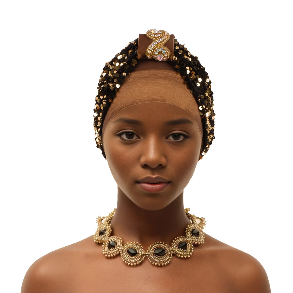 Shining Diamond Sequins Women's Turban Cap African Hat Headtie Bonnet Muslim Headwear Top Knotted Head Caps Turbante Mejur - NamafadStore
