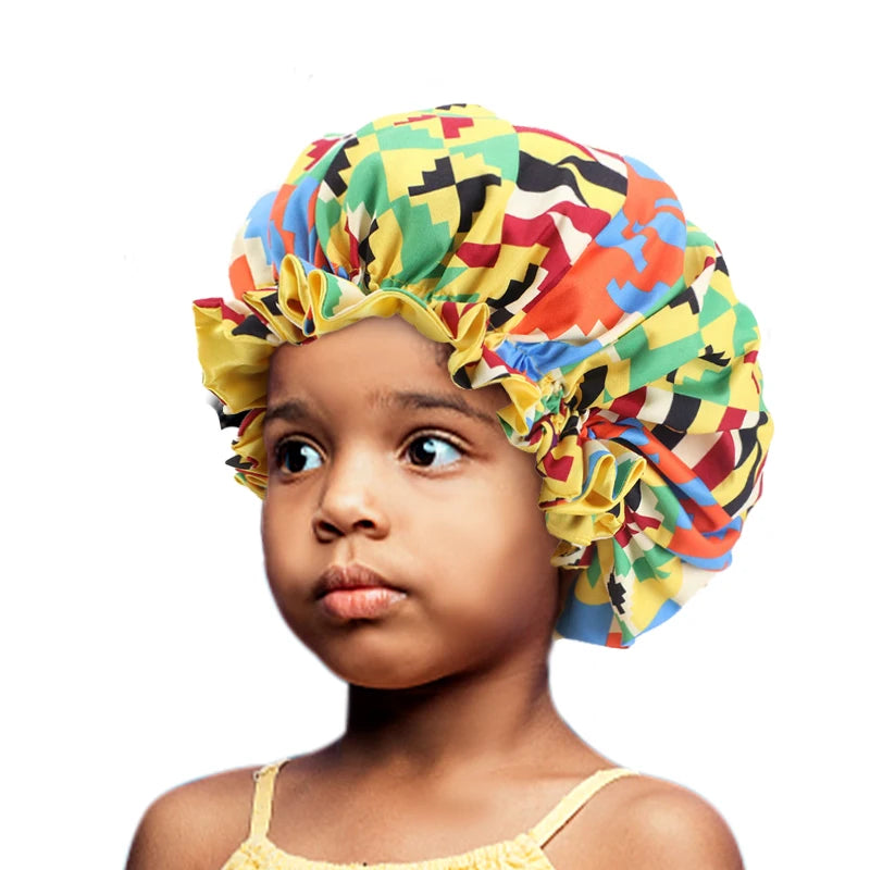 Kids Elastic Sleep Cap African Print Hair Bonnet Turban Satin Lined Cap Night Sleep Hat Children Turban Hair Wrap Styling Tools - NamafadStore