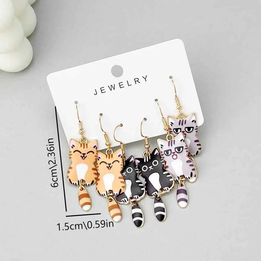 3 Pairs New Fun and Cute Enamel Alloy Hanging Tail Cat Dangle Earrings Colored Cat Ear Jewelry Set Lovely Gift For Women Girls