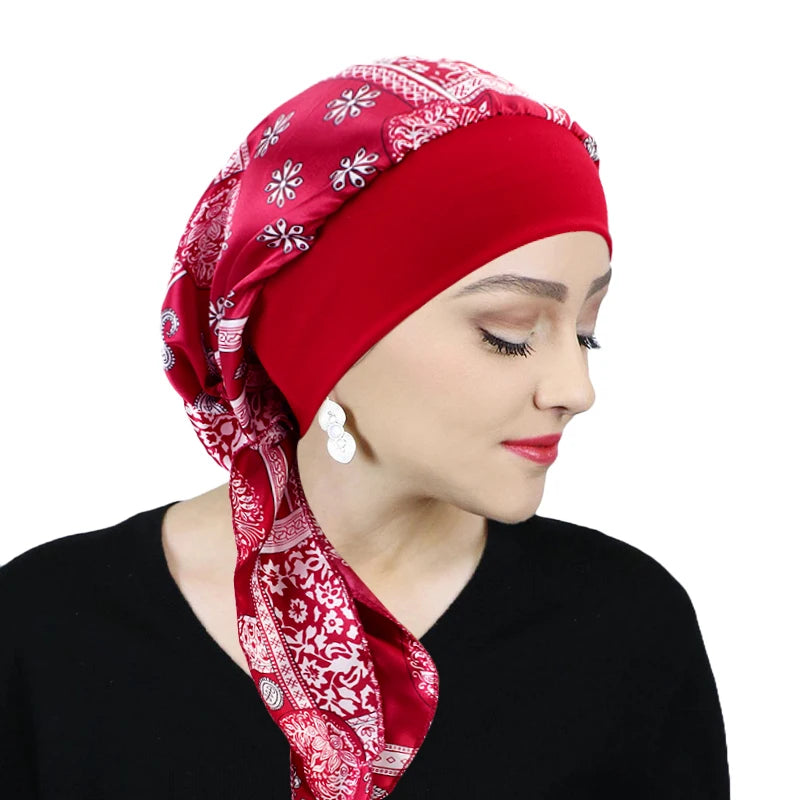 Printed Pre-tie Headscarf Women Elastic Muslim Female Turban Cancer Chemo Hat Hair Loss Cover Head Wrap Headwear Stretch Bandana - NamafadStore
