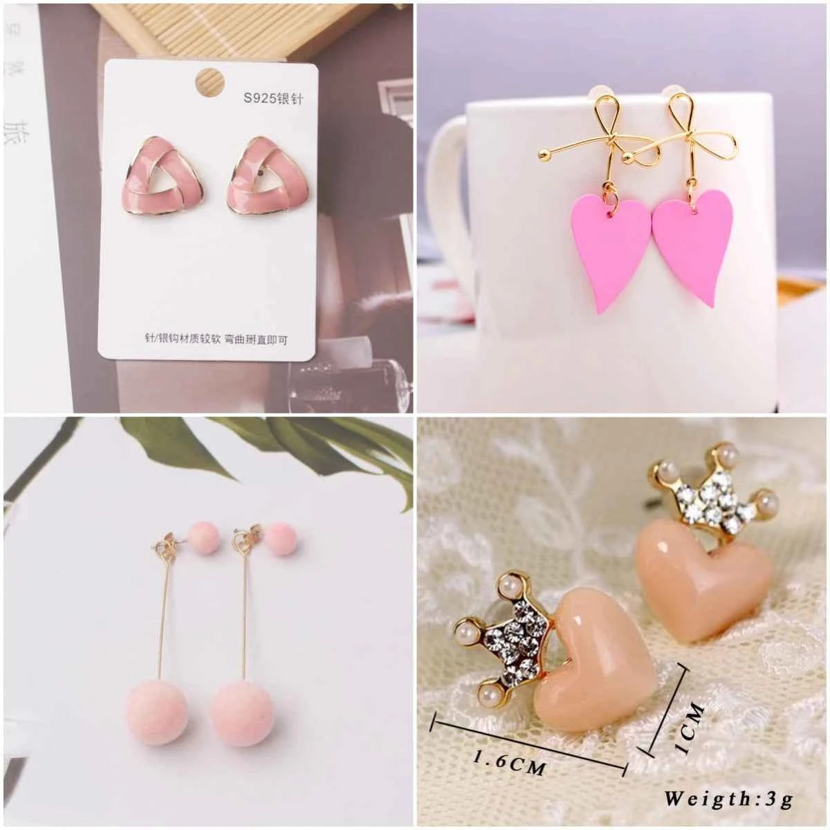 Fashion Pink Crystal Heart Flower Earrings for Women Cute Party Romantic Hollow Leaf Peach Triangular Cherry Pearl Ear Jewelry