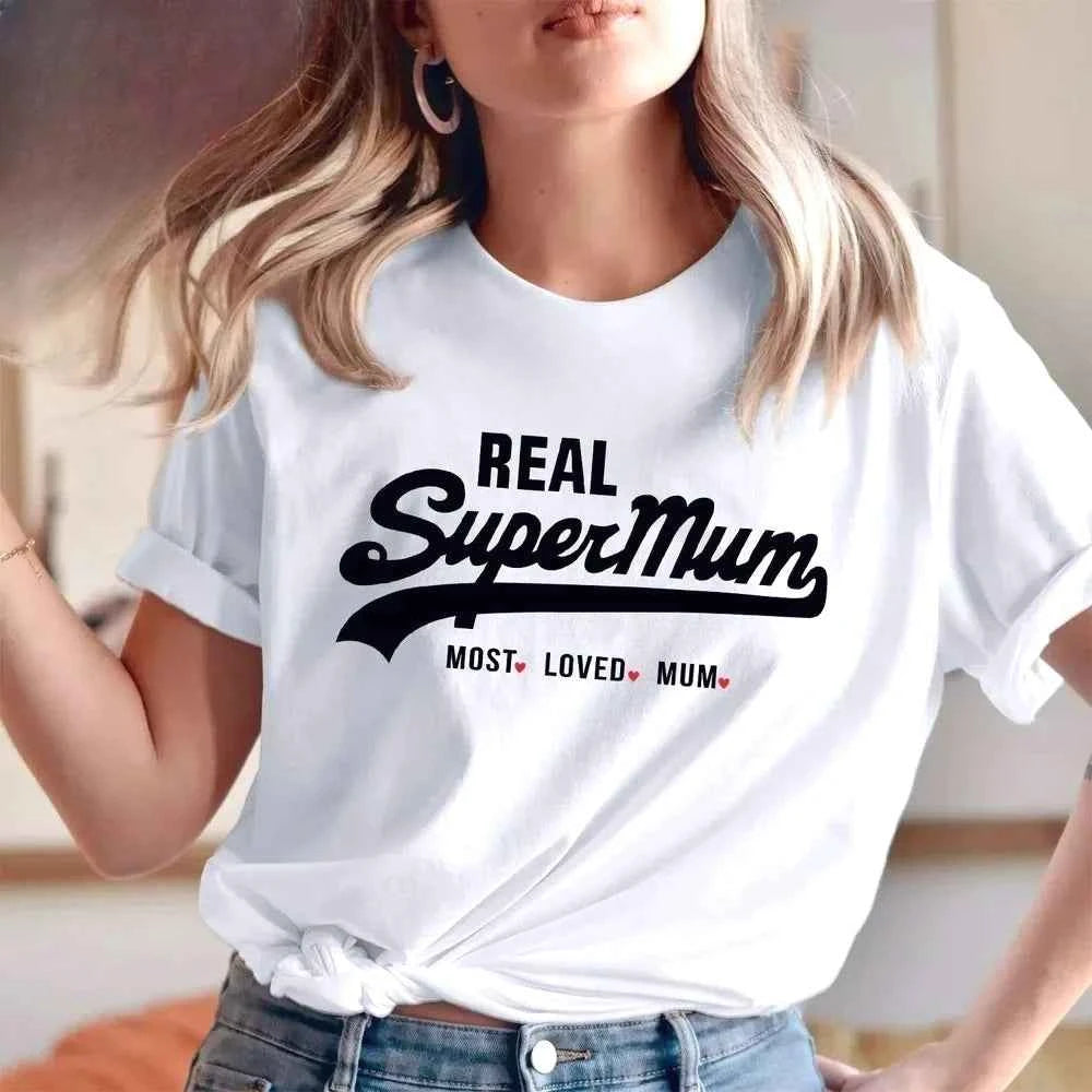 New Fashion Short Sleeve Crewneck Mama Y2k T-Shirt Real Super Mom Superhero Mother's Day Most Loved Mum Tee Y2k Harajuku Tops