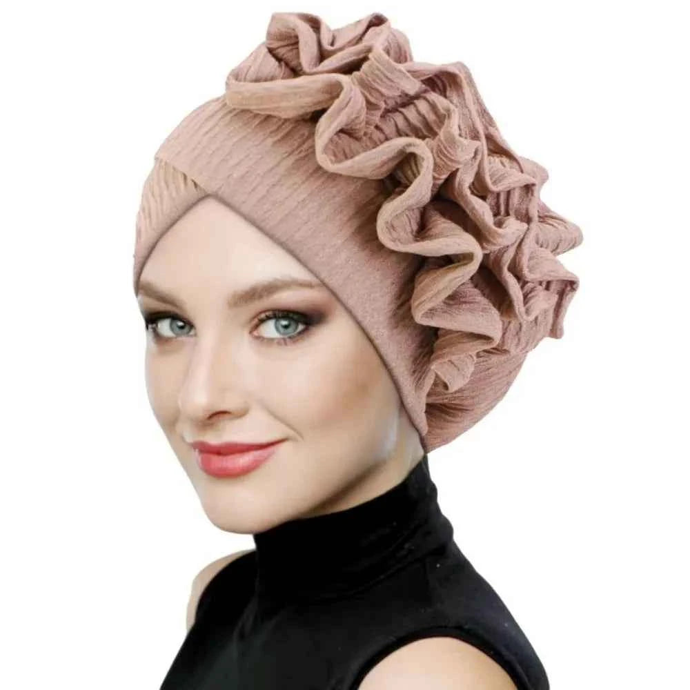 Elegant Elastic Flower Turban Hat Women Ruffle Flower Edge Pre Tied Bonnet Ramadan Chemo Cap For Wedding