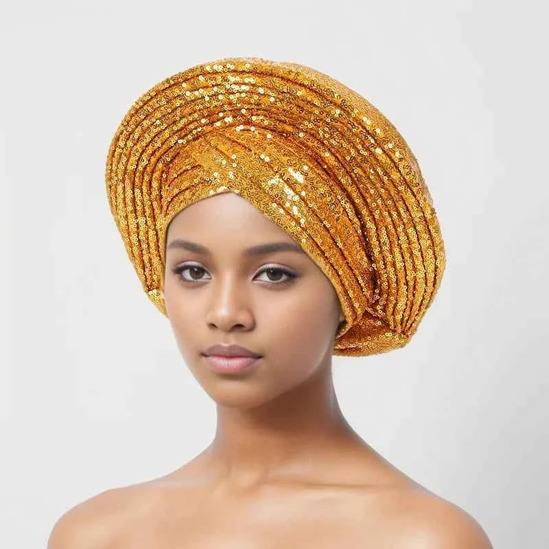 Sequins Auto Gele Headtie African Women's Head Wraps Fashion Turban Cap Nigeria Wedding Geles Already Made Head Ties Headpiece