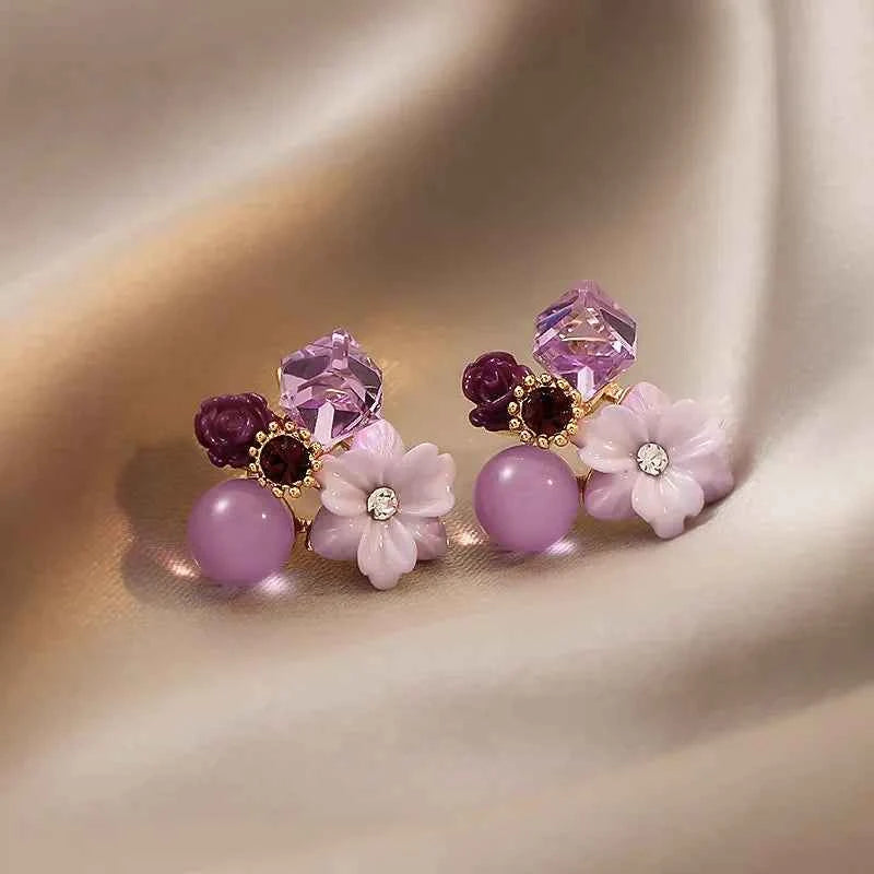 2024 New Korean Fashion Purple Crystal Beads Flower Stud Earrings Premium Sense Sweet Earrings for Women Jewelry Accessories