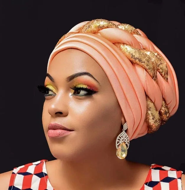 Women Braid Turbans Latest African Headtie Ladies Sequin Head Wraps African Aso Oke Winter Headtie Negerian Wedding Gele Caps - NamafadStore