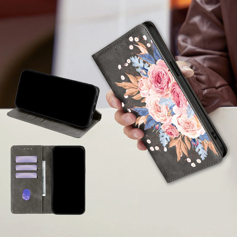 Flower Pattern Magnetic Leather Flip Wallet Case for iPhone 17 Pro Max 16 15 14 13 12 11 Pro Max 16 Plus Air Card Slots Holster