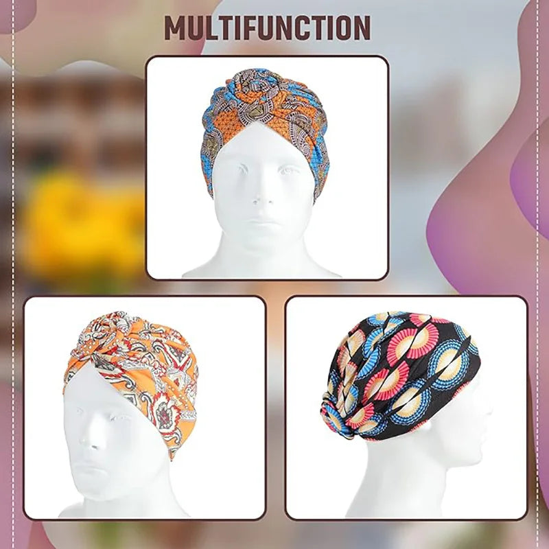 New African Print Pleated Turban Floral Beanie Knot Flower India Head Wrap Elegant Women Chemo Cap Bandana Headwear Head Cover - NamafadStore