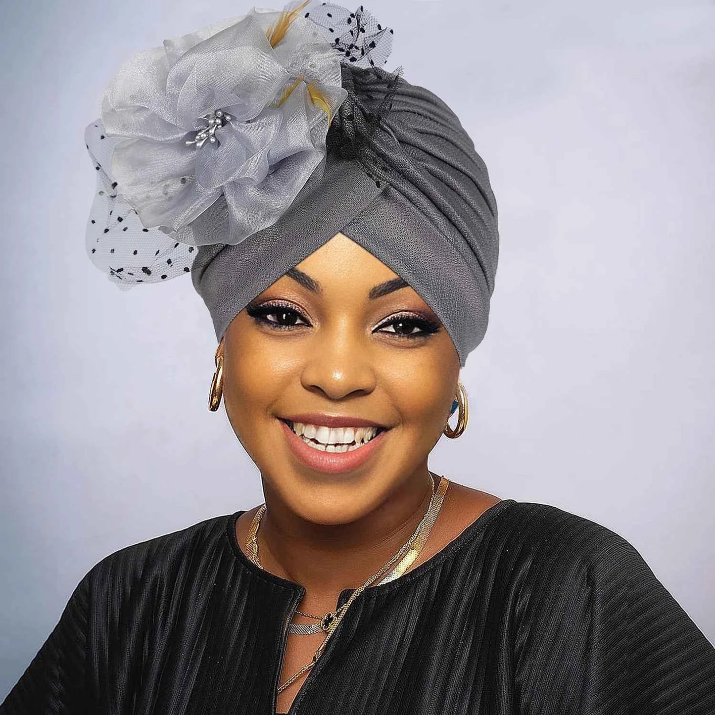 Women’s Luxury Turban Hat – Big Flower Mesh Style African Zahra Cap for Weddings & Special Occasions