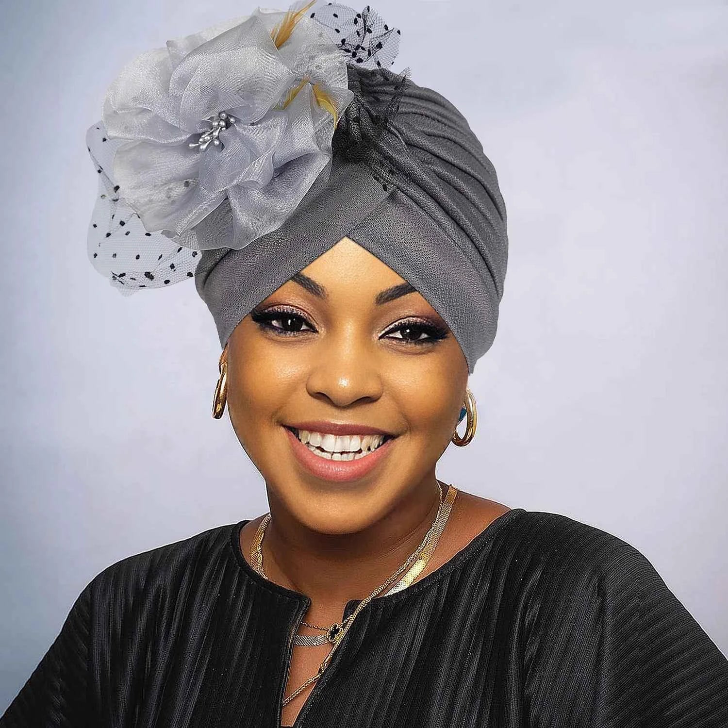 Women’s Luxury Turban Hat – Big Flower Mesh Style African Zahra Cap for Weddings & Special Occasions