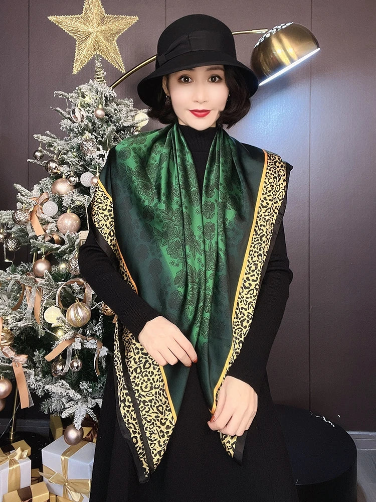 [BYSIFA] New Emerald Green Silk Scarf Women Brand Leopard Printed Square Scarves 90*90cm Fashion Accessories Headscarves Hijabs - NamafadStore
