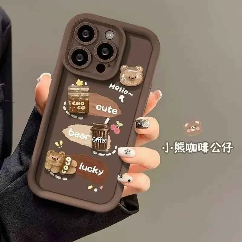 Cute 3D Bear Coffee Phone Case For Realme 14 Pro Plus 8 8i 9i 10 11 12 13 Pro 5G C21 C35 C75 C53 C67 C55 C63 C61 Matte TPU Cover