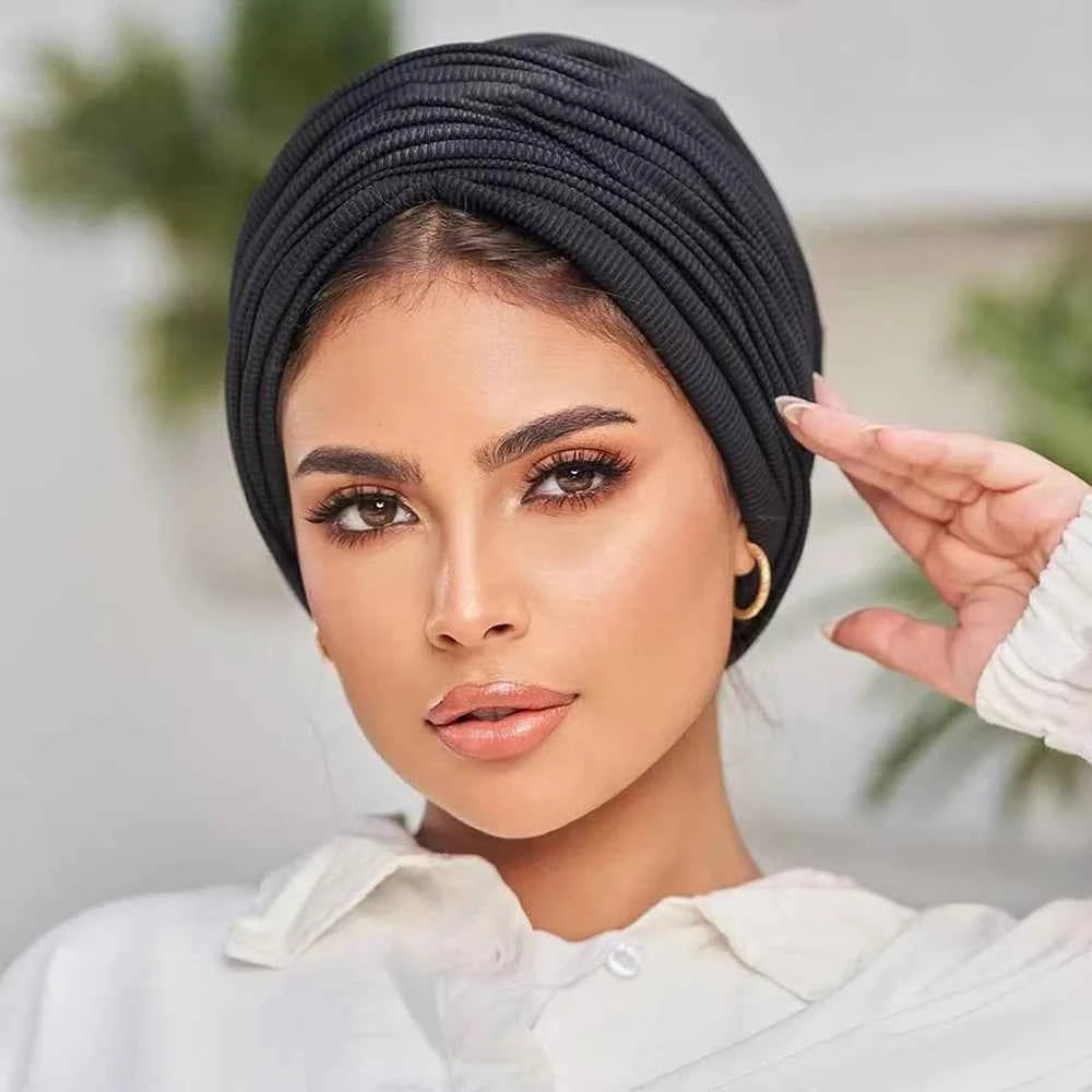 Solid Color Threaded Headscarf Wrapped Design With High Elasticity Suitable For Various Head Circumferences