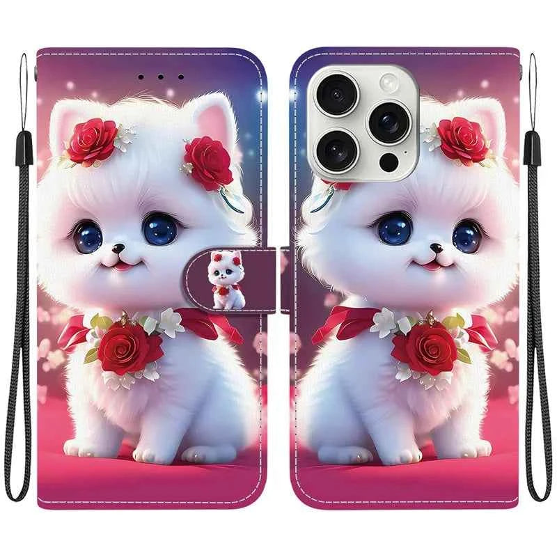Elegant Colored Flower Wallet Phone Case For iPhone 15 14 Plus 13 Mini 15Pro Pro Max Magnetic Flip Leather Cover Cute 3D Pattern