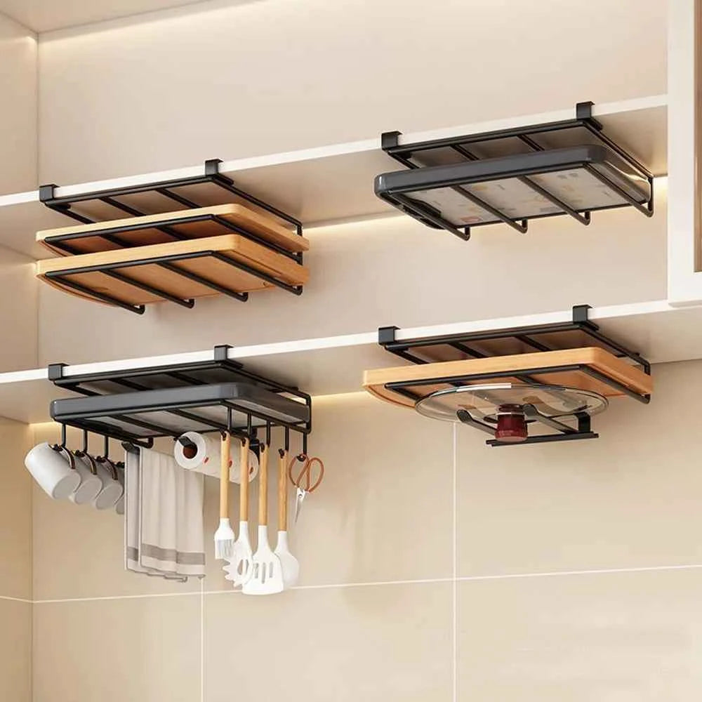 Under Cabinet Kitchen Organizer Rack with Hooks Multi-Purpose Storage Shelf for Paper Towel Cutting Board & Pot Lids