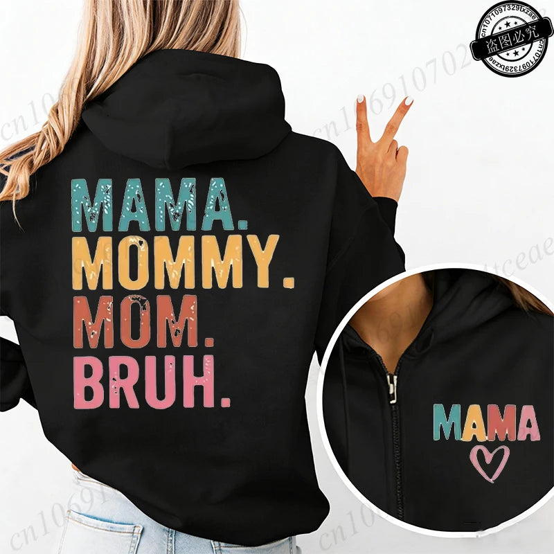 Women's Mama Graphic Fleece Hoodies Casual Long Sleeve Sweatshirts Mama Mommy Mom Bruh Print Zip Up Hooded Hoodies Tops Gifts