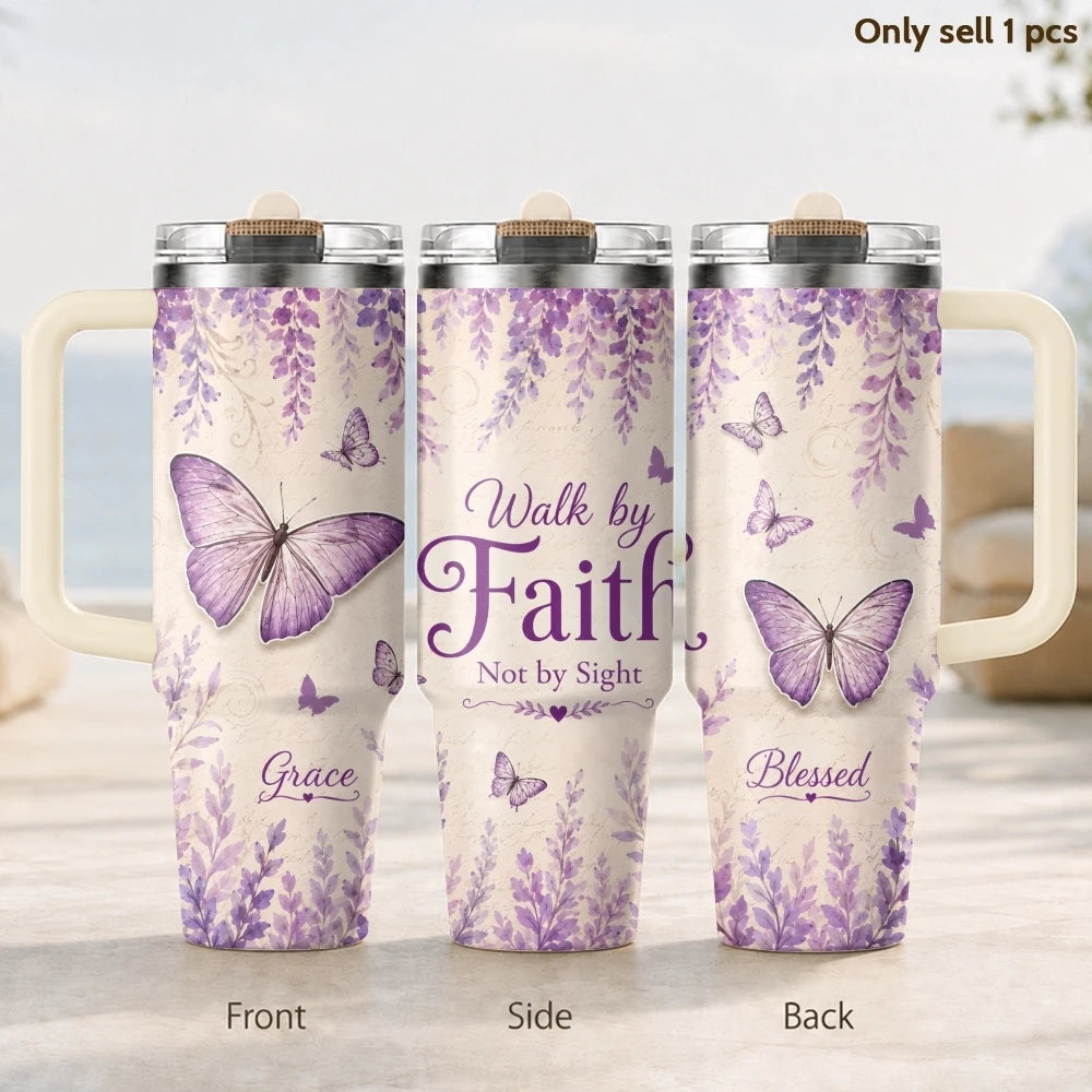 Purple Butterfly 40oz Tumbler – Floral Stainless Steel Insulated Cup with Straw