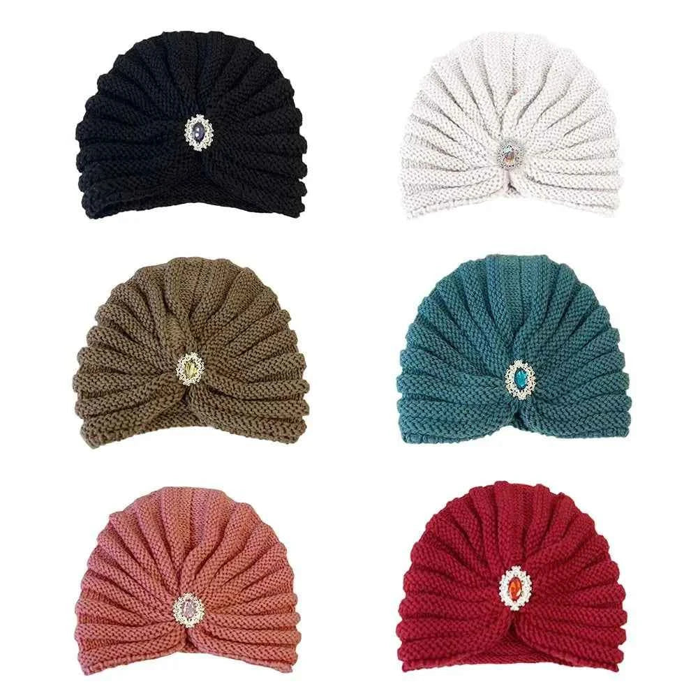 Fashion Winter Warm Hijab Caps Soft Thick Bohemia Turban Diamond Jewelry Wool Knitting Knitted Hats for Women