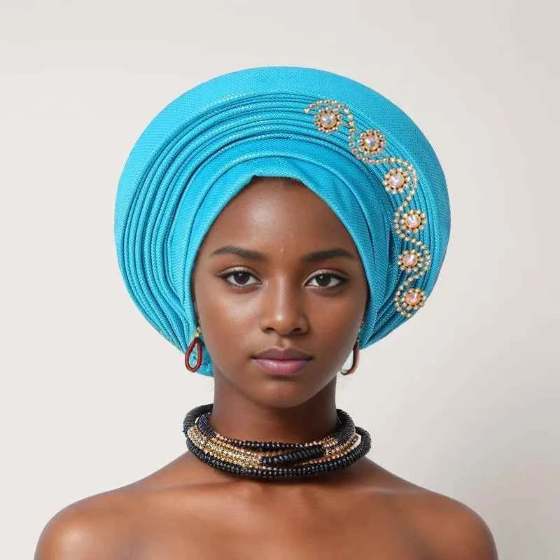 Nigerian Wedding Geles African Headtie Auto Gele Turbans for Women Aso Oke Fabric Muslim Headwear Headpiece Female Head Wraps