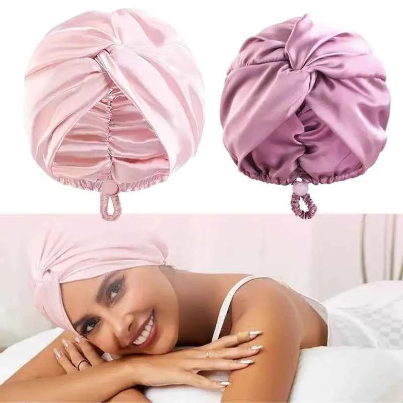 Hot Silk Turban Bonnets For Women Satin Bonnet Hat Double Layer Hair Wrap Adjustable Knotted Hat Care Turban Satin Sleep Hat