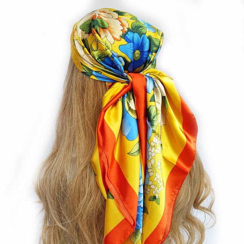 New 90*90cm Retro Brand Women Silk Scarf Bandanna Fashion Bohemian Pattern Square Hijab Lady Wrap Headband foulard muffler