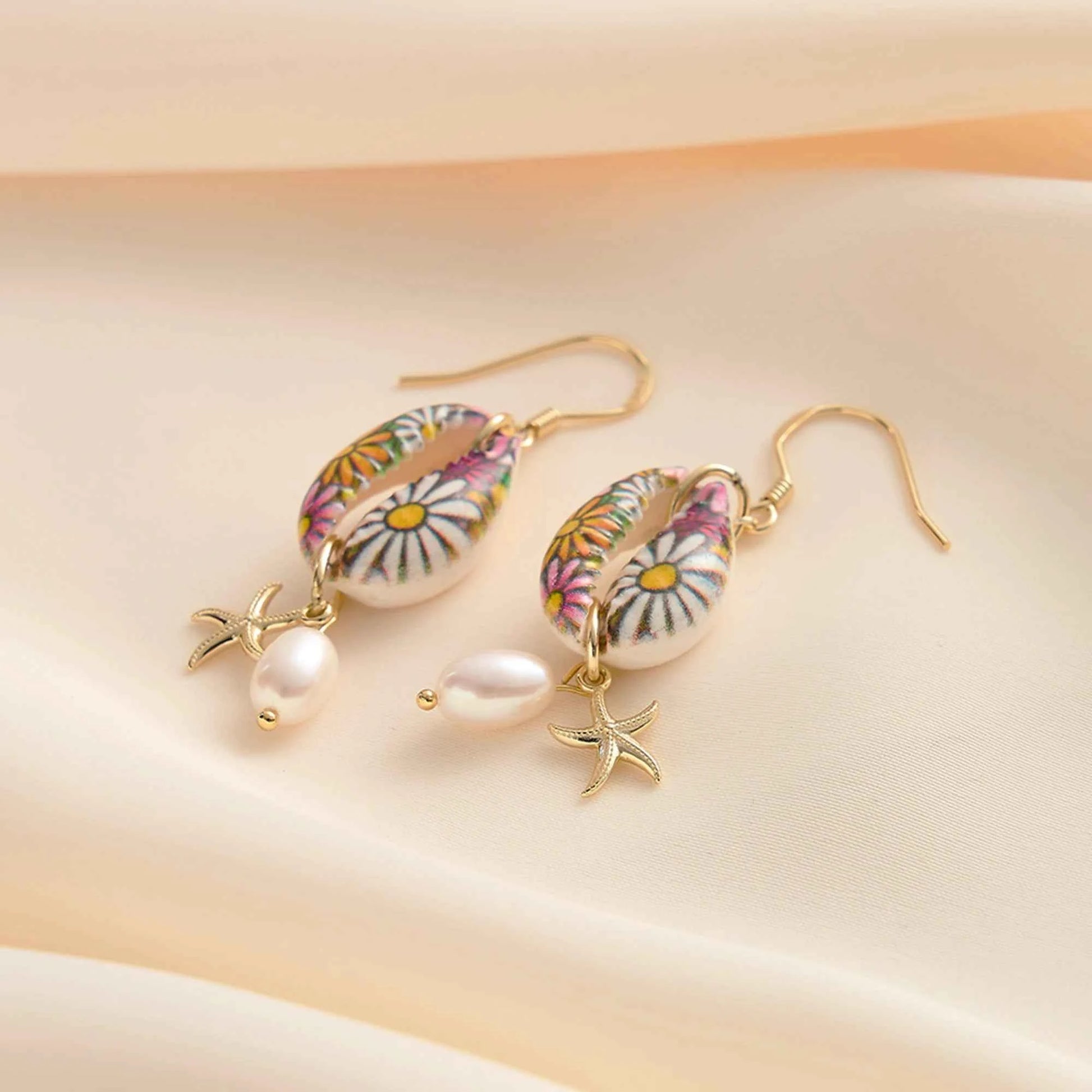 Effie Queen Natural Freshwater Pearls With Starfish Style & Floral Pattern Ornament 925 Sterling Silver Dangle Earrings GPE117