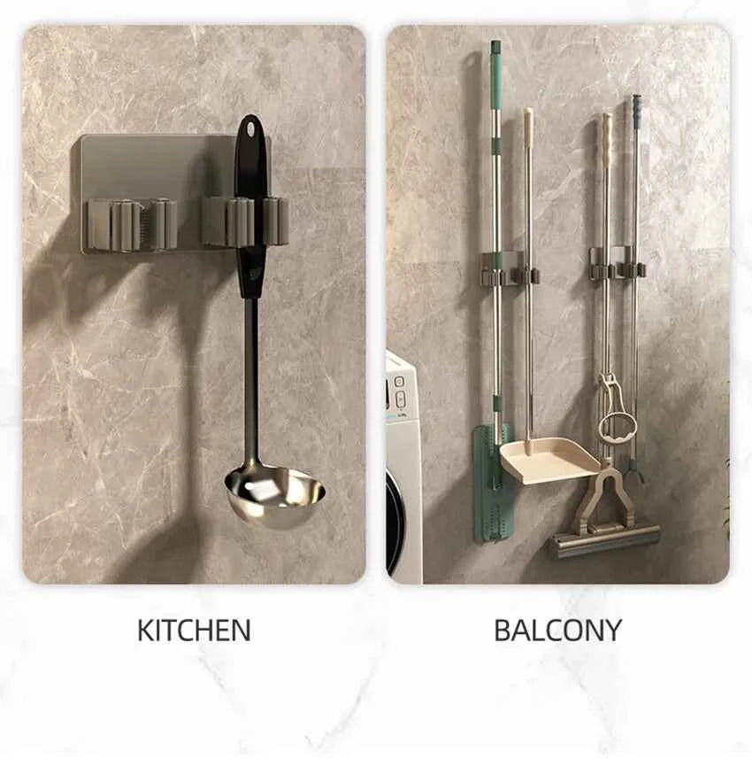 304 Stainless Steel Mop Holder Wall Mounted Adhesive Multi-Purpose Hooks Household Storage Organizer Rack Broom Hanger Stick