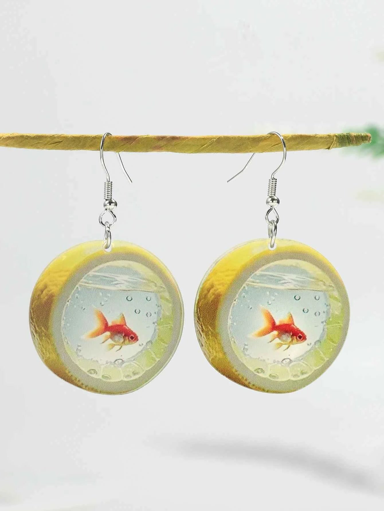 Cute Cartoon 2D Lemon Fish Acrylic Print Drop Earrings for Women Funny Round Carp Dangle Earring Creative Jewelry Birthday Gift