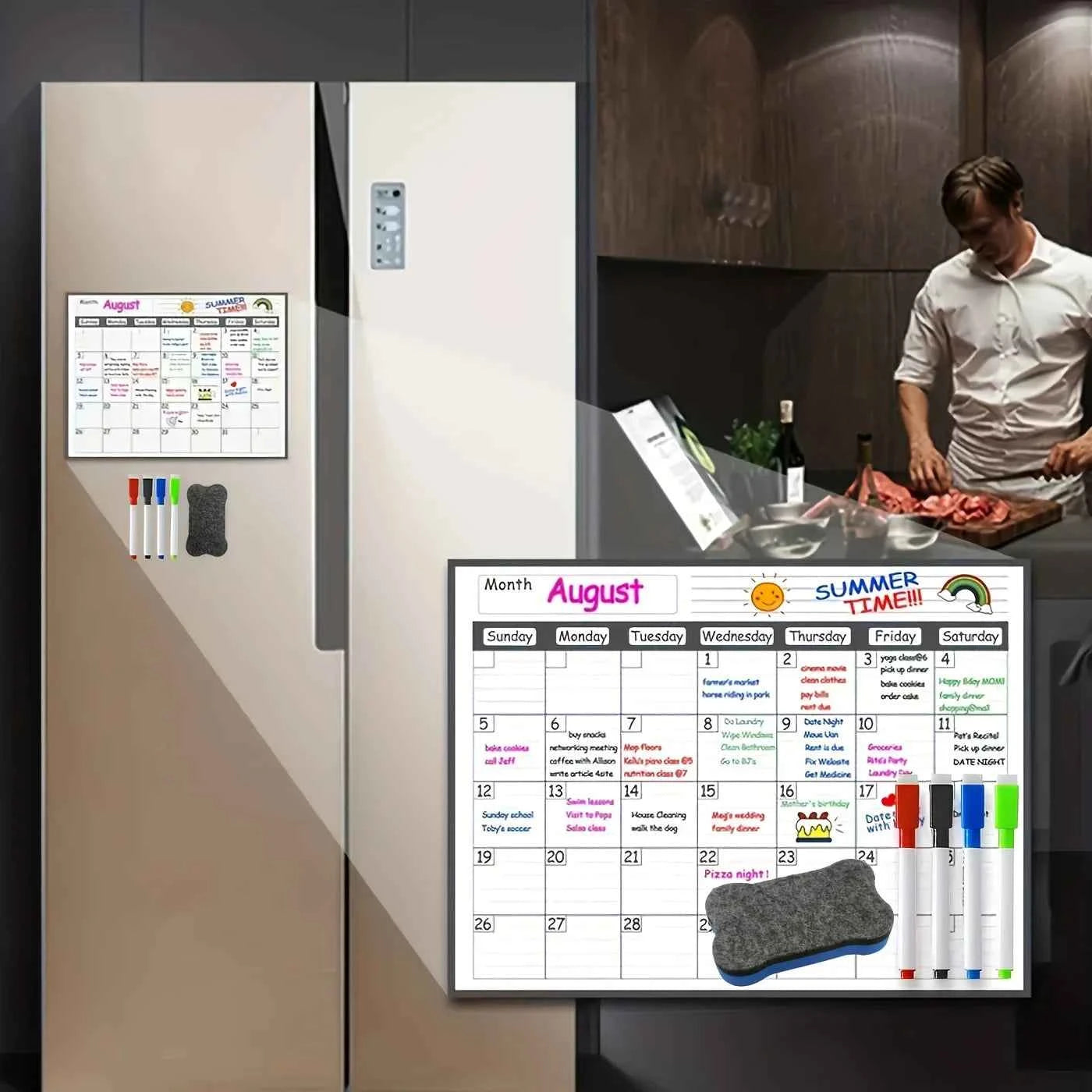 Magnetic refrigerator calendar planner is erasable and reusable, making it easy to organize kitchen refrigerators and meal plans