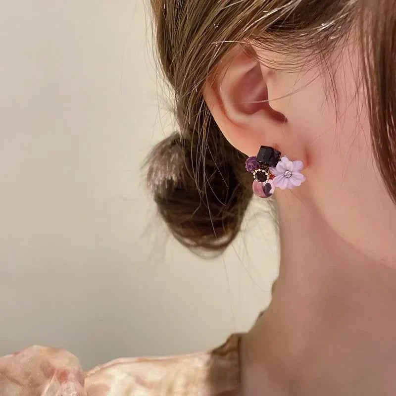 2024 New Korean Fashion Purple Crystal Beads Flower Stud Earrings Premium Sense Sweet Earrings for Women Jewelry Accessories