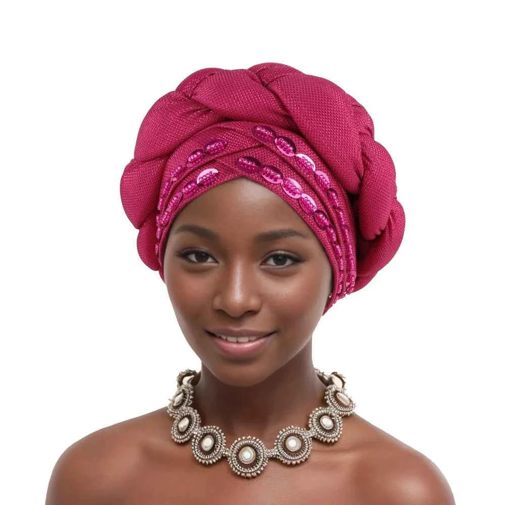2025 Latest African Auto Gele Headtie Already Made Headties Shinning Turban Cap for Women Ready Nigerian Hijab Braid Head Wraps
