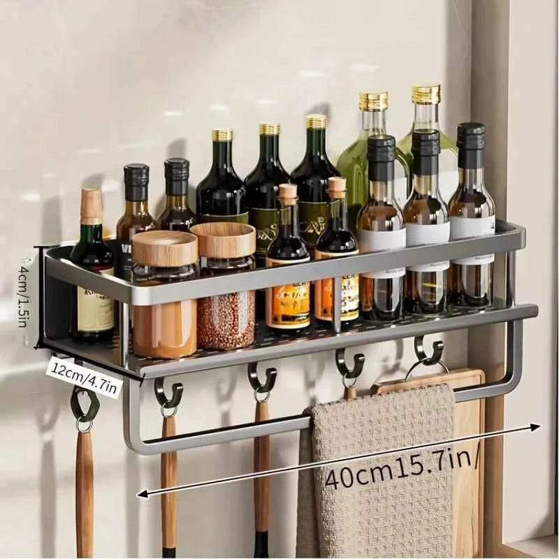 Aluminum Wall-Mounted Shelf Multifunctional Kitchen Spice Storage Rack Kitchen No Punching Required Kitchen Accessories