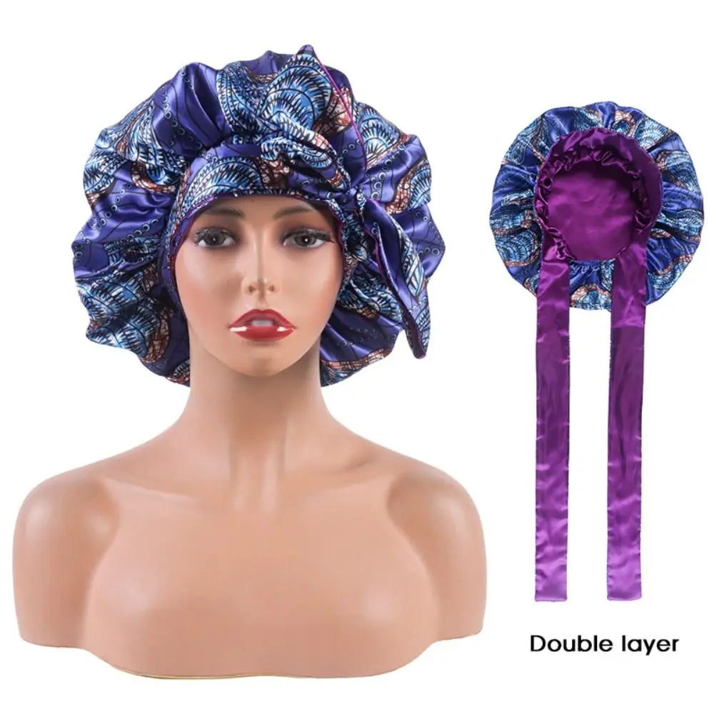 Double-layer Satin Sleep Cap Fashion Adjustable Stretchy Tie Band Silky Satin Bonnet Curly Hair Elastic Hair Cap Sleeping - NamafadStore