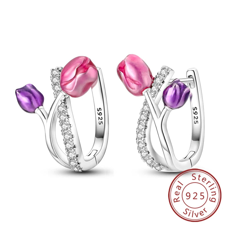 New Original 925 Sterling Silver Hoop Earrings Purple Zircon Flowers Butterflies Studs Earring For Women Wedding Engagement Gift