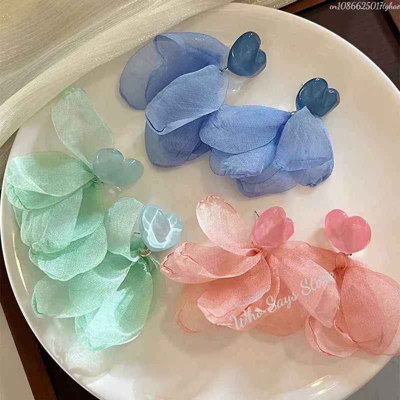 Vacation Style Flower Petal Earrings for Women New High-end Temperament Chiffon Earring Grand Super Fairy Sweet Earrings Серьги