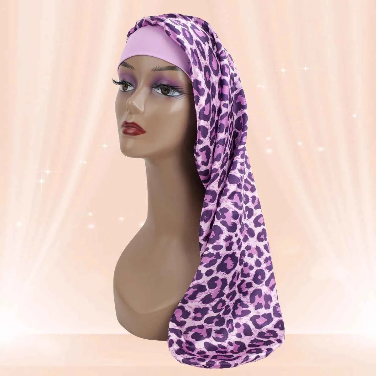 Women's Long Round Tail Bonnet-Silk Sleep Bonnet with Wide Elastic Edge-Hair Protector for Curly & Straight Hair-Leopard Print