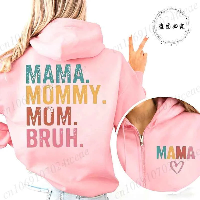 Women's Mama Graphic Fleece Hoodies Casual Long Sleeve Sweatshirts Mama Mommy Mom Bruh Print Zip Up Hooded Hoodies Tops Gifts